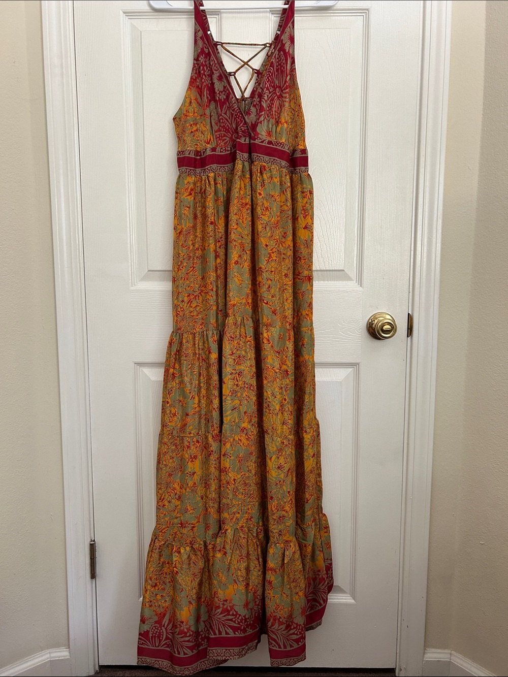 Free People Mustard Maxi Dress with Burgundy Trim